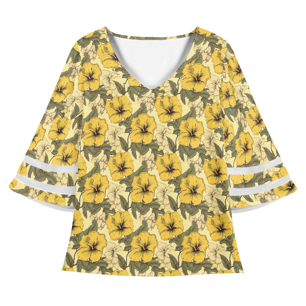 Yellow Hibiscus Women Puff Sleeve Blouse