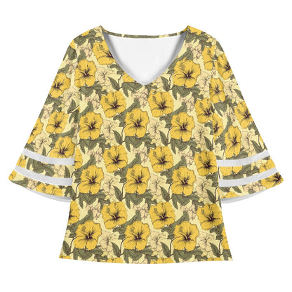 Yellow Hibiscus Women Puff Sleeve Blouse