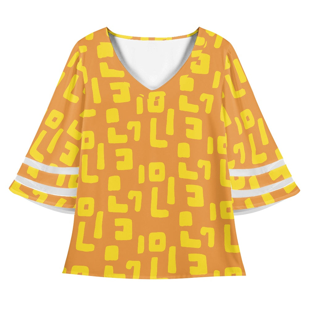 Yellow and Orange Mudcloth Women Puff Sleeve Blouse