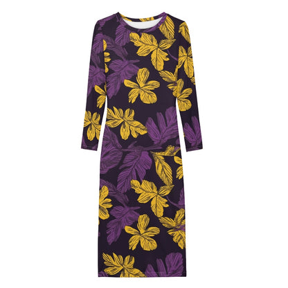 Gold Laua'e Leave on Purple, Women Bodycon Midi Sheath Dress - up to 7XL