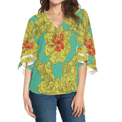 Green and Gold Women Puff Sleeve Blouse white