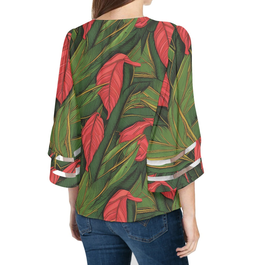 Tropical Leaves Women Puff Sleeve Blouse