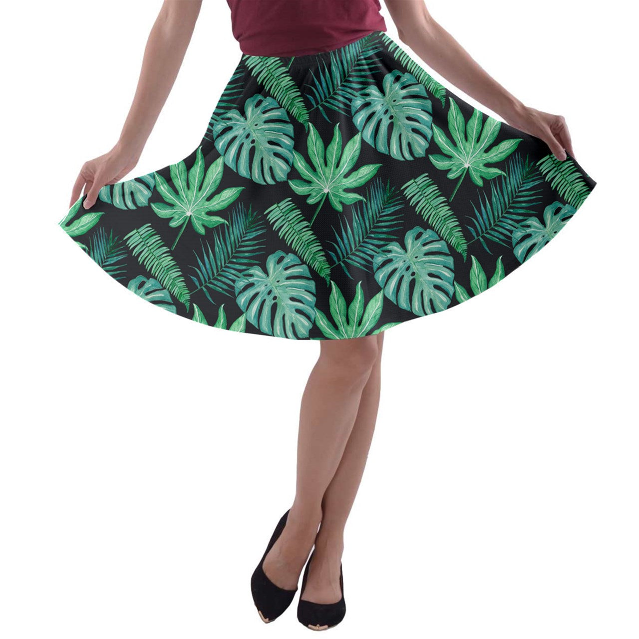 Black Monstera A-line Skater Skirt - Luxtrini, LLC