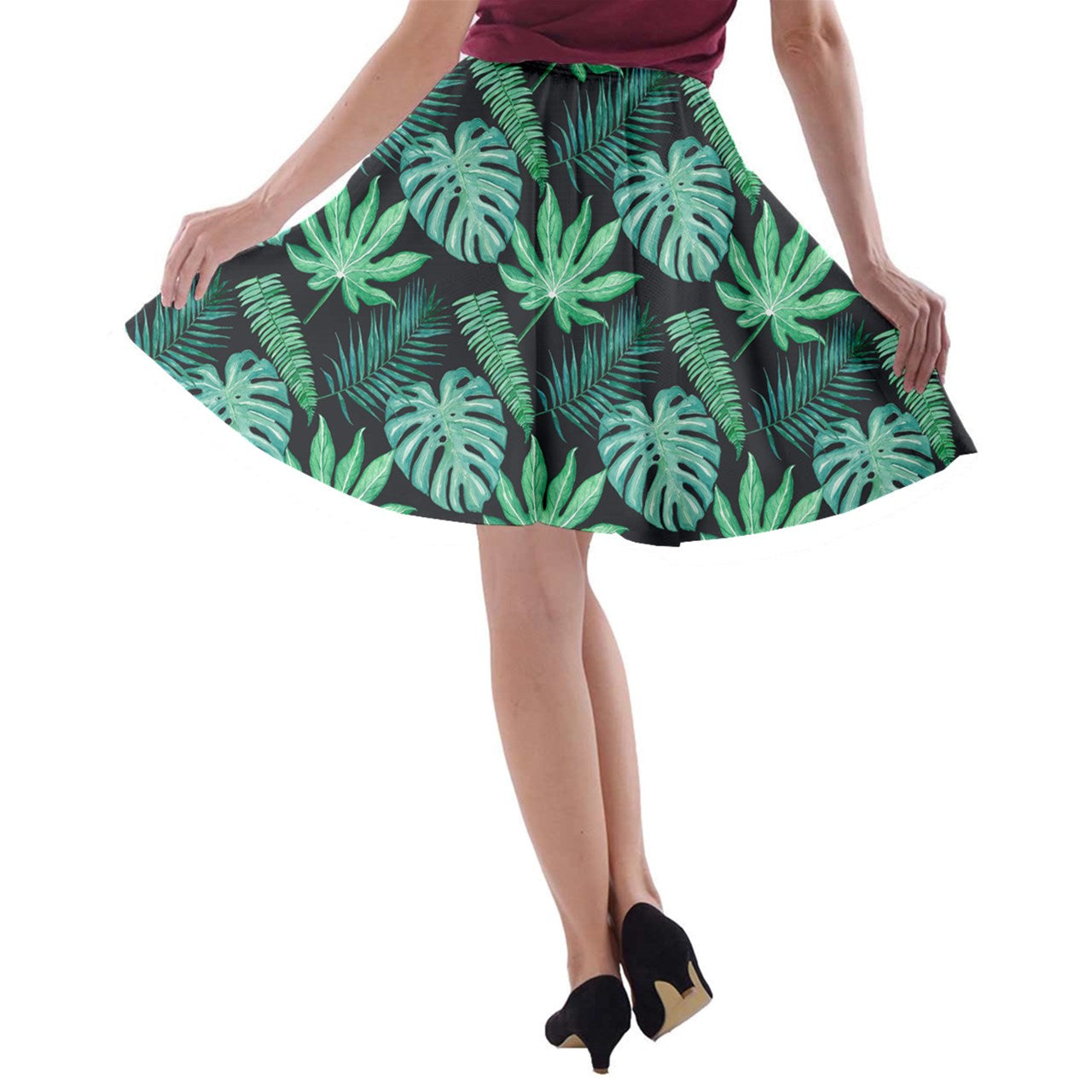 Black Monstera A-line Skater Skirt - Luxtrini, LLC