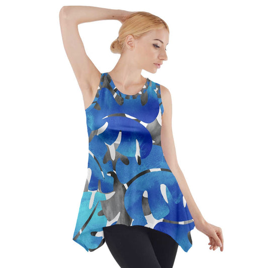 Side Drop Tank Tunic Tropical Blues Leaves - Luxtrini, LLC