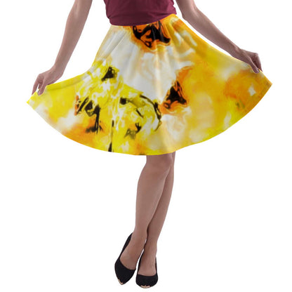 A-line Skater Skirt Yellow Hibiscus Impressionist - Luxtrini, LLC