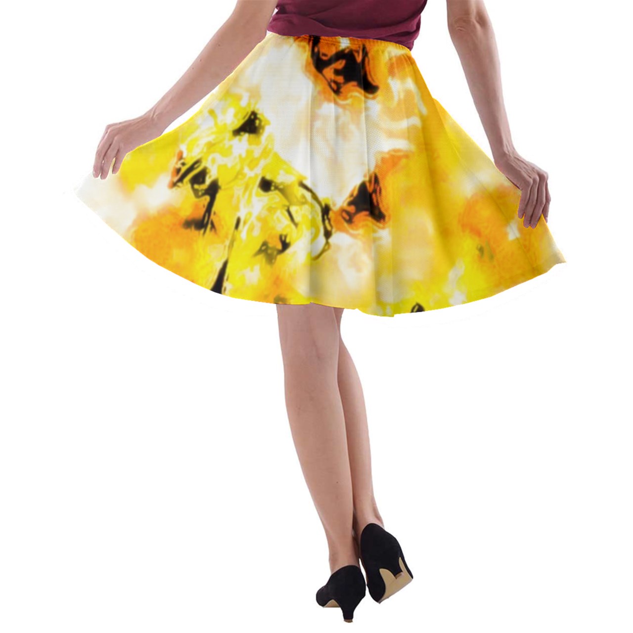 A-line Skater Skirt Yellow Hibiscus Impressionist - Luxtrini, LLC