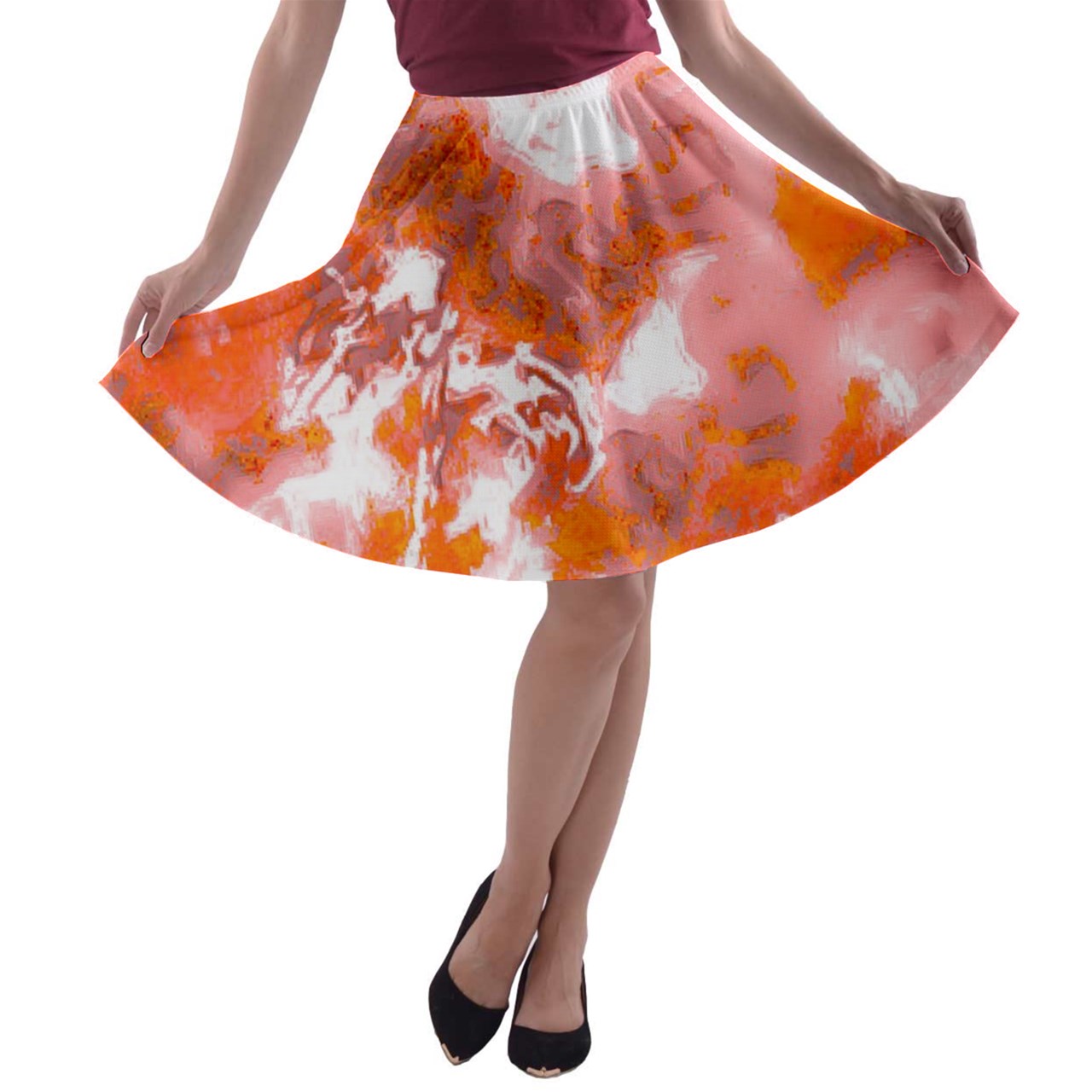 A-line Skater Skirt Red Hibiscus Impressionist - Luxtrini, LLC