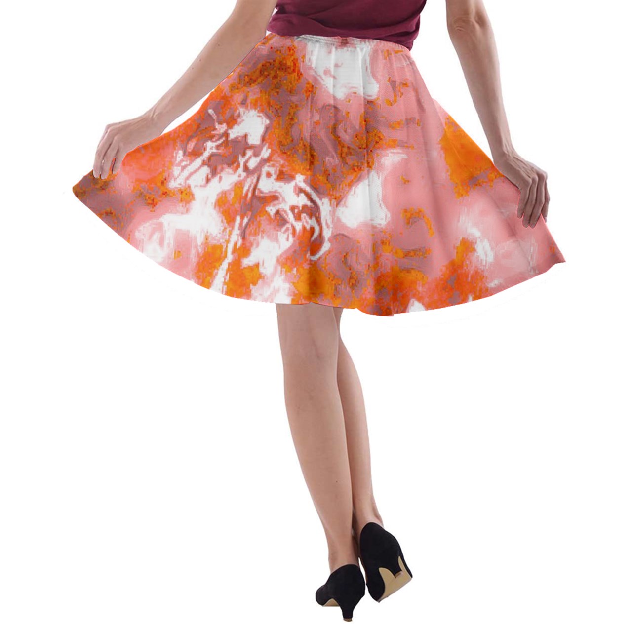 A-line Skater Skirt Red Hibiscus Impressionist - Luxtrini, LLC