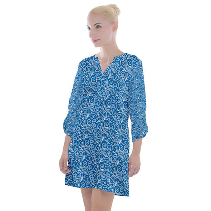 Open Neck Shift Dress Blue Wind - Luxtrini, LLC