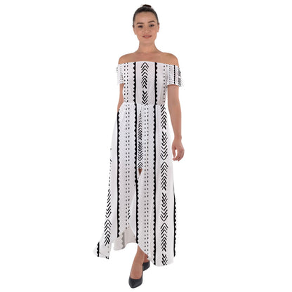 African | Ethnic | Mudcloth | #20 Off Shoulder Open Front Chiffon Dress