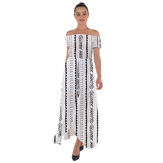 African | Ethnic | Mudcloth | #20 Off Shoulder Open Front Chiffon Dress