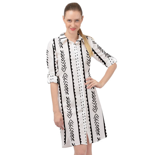 African | Ethnic | Mudcloth | #20 Long Sleeve Mini Shirt Dress