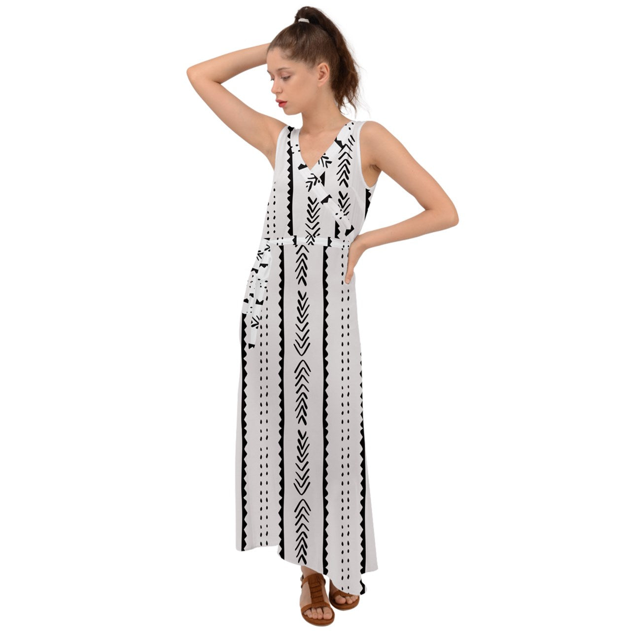 African | Ethnic | Mudcloth | #20 V-Neck Chiffon Maxi Dress