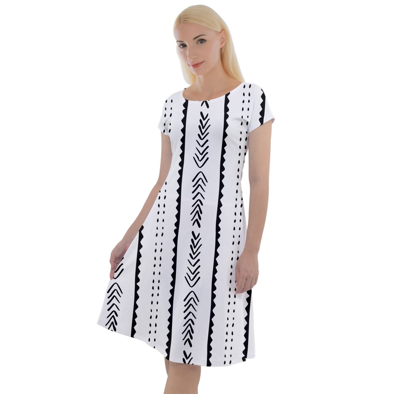 Ethnic V-Neck Tunic Dress with African Mudcloth Print, Short Sleeve Skater Style