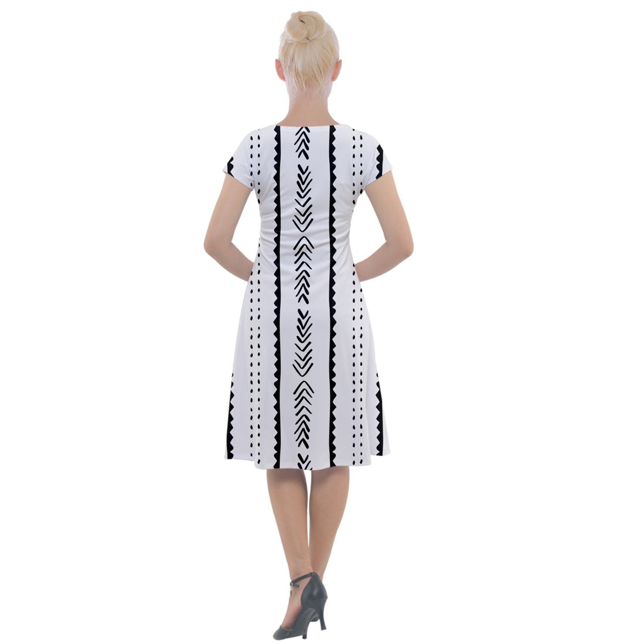 Ethnic V-Neck Tunic Dress with African Mudcloth Print, Short Sleeve Skater Style