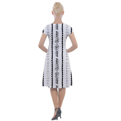 Ethnic V-Neck Tunic Dress with African Mudcloth Print, Short Sleeve Skater Style