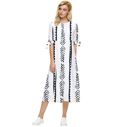 African | Ethnic | Mudcloth | #20 Bow Sleeve Chiffon Midi Dress