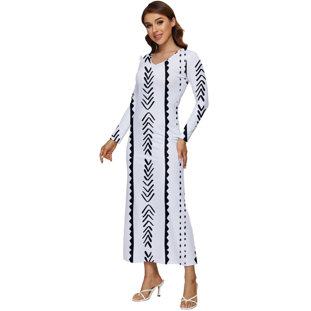 African | Ethnic | Mudcloth | #20 Long Sleeve Velour Longline Maxi Dress