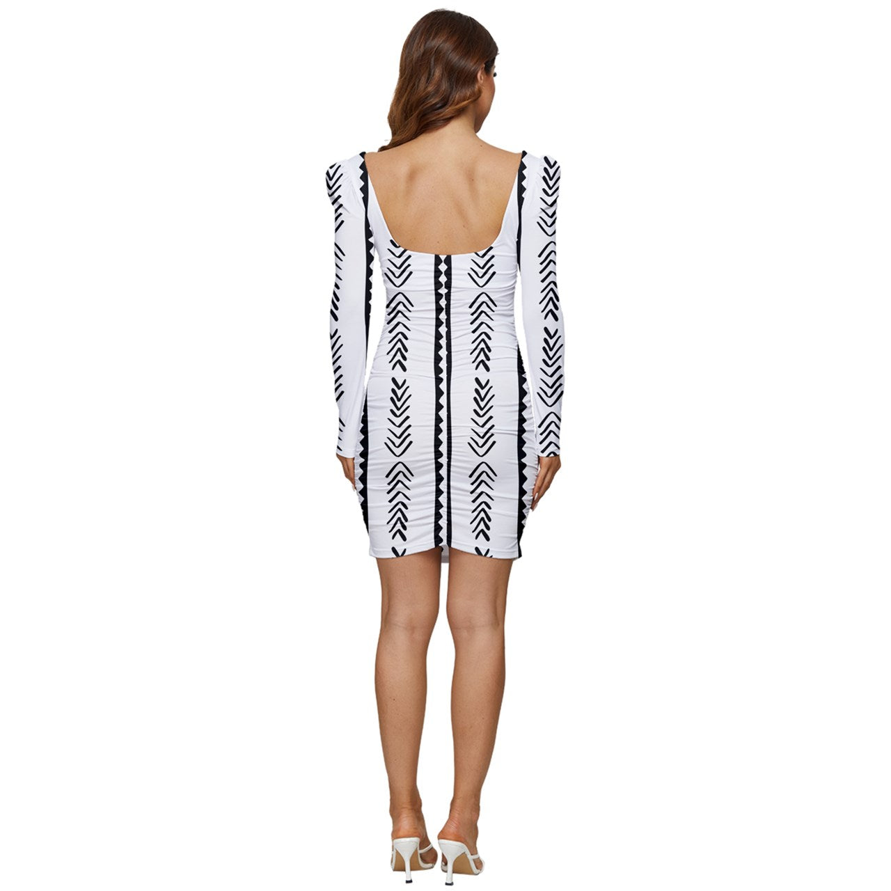 African | Ethnic | Mudcloth | #20 Women Long Sleeve Ruched Stretch Jersey Dress