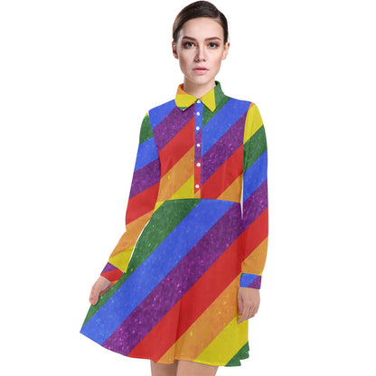 Long Sleeve Chiffon Shirt Dress - Rainbow Pride - Luxtrini, LLC