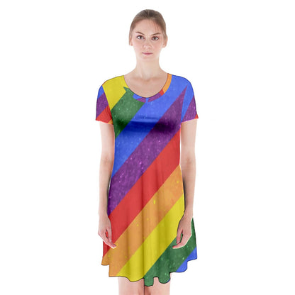 Short Sleeve V-neck Flare Dress - Rainbow Pride - Luxtrini, LLC