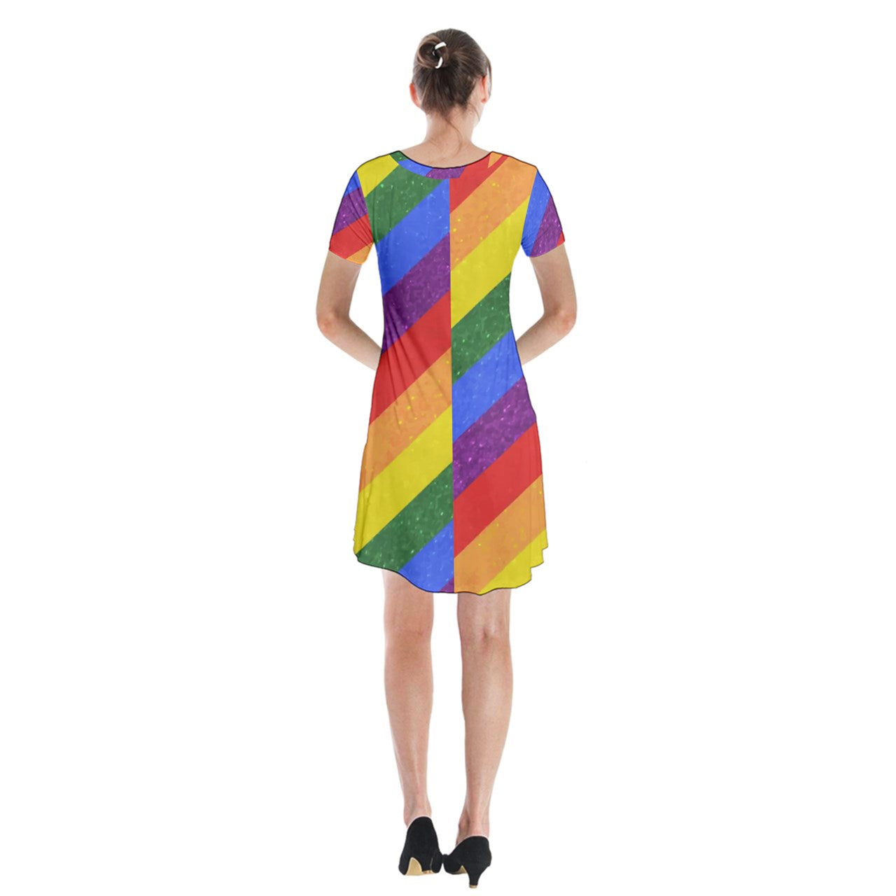 Short Sleeve V-neck Flare Dress - Rainbow Pride - Luxtrini, LLC