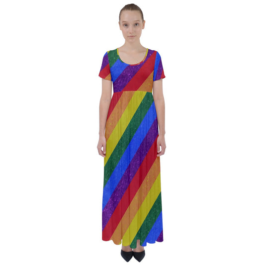 High Waist Short Sleeve Maxi Dress - Rainbow Pride - Luxtrini, LLC