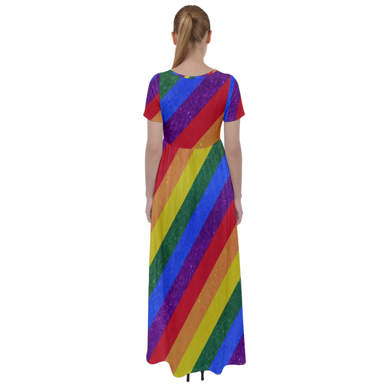 High Waist Short Sleeve Maxi Dress - Rainbow Pride - Luxtrini, LLC