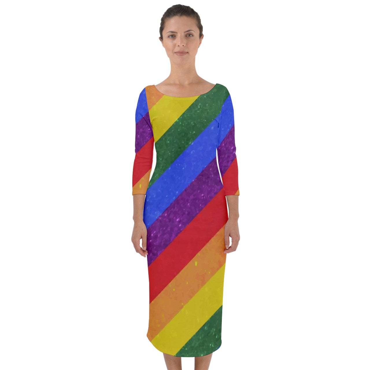 Quarter Sleeve Midi Bodycon Dress - Rainbow Pride - Luxtrini, LLC