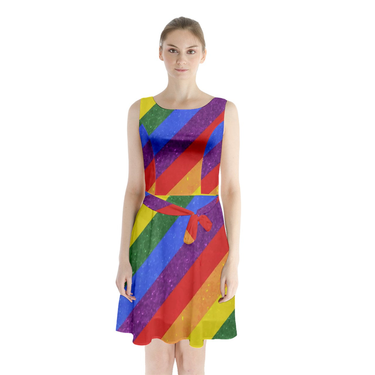 Sleeveless Waist Tie Chiffon Dress - Rainbow Pride - Luxtrini, LLC