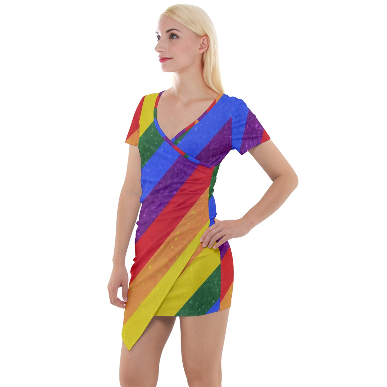 Short Sleeve Asymmetric Mini Dress - Rainbow Pride - Luxtrini, LLC