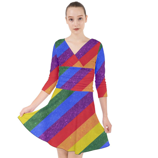 Quarter Sleeve Front Wrap Dress - Rainbow Pride - Luxtrini, LLC