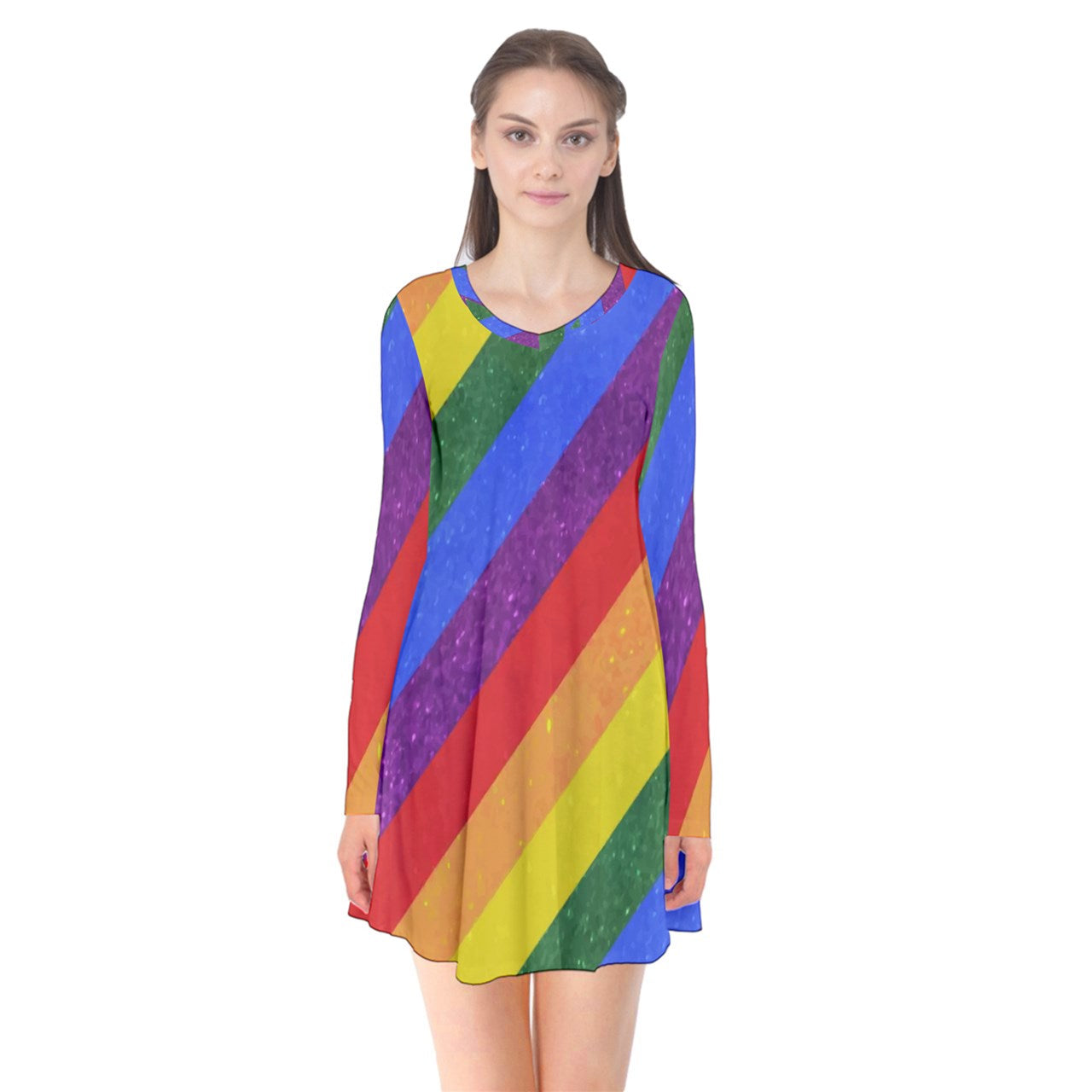 Long Sleeve V-neck Flare Dress - Rainbow Pride - Luxtrini, LLC