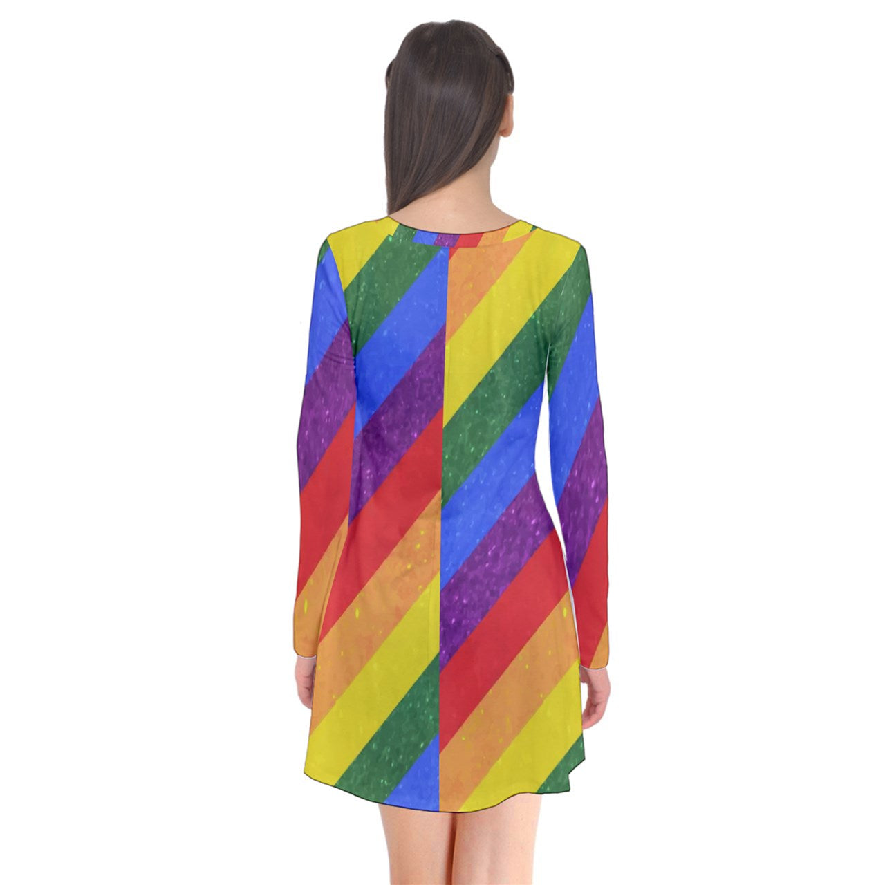 Long Sleeve V-neck Flare Dress - Rainbow Pride - Luxtrini, LLC