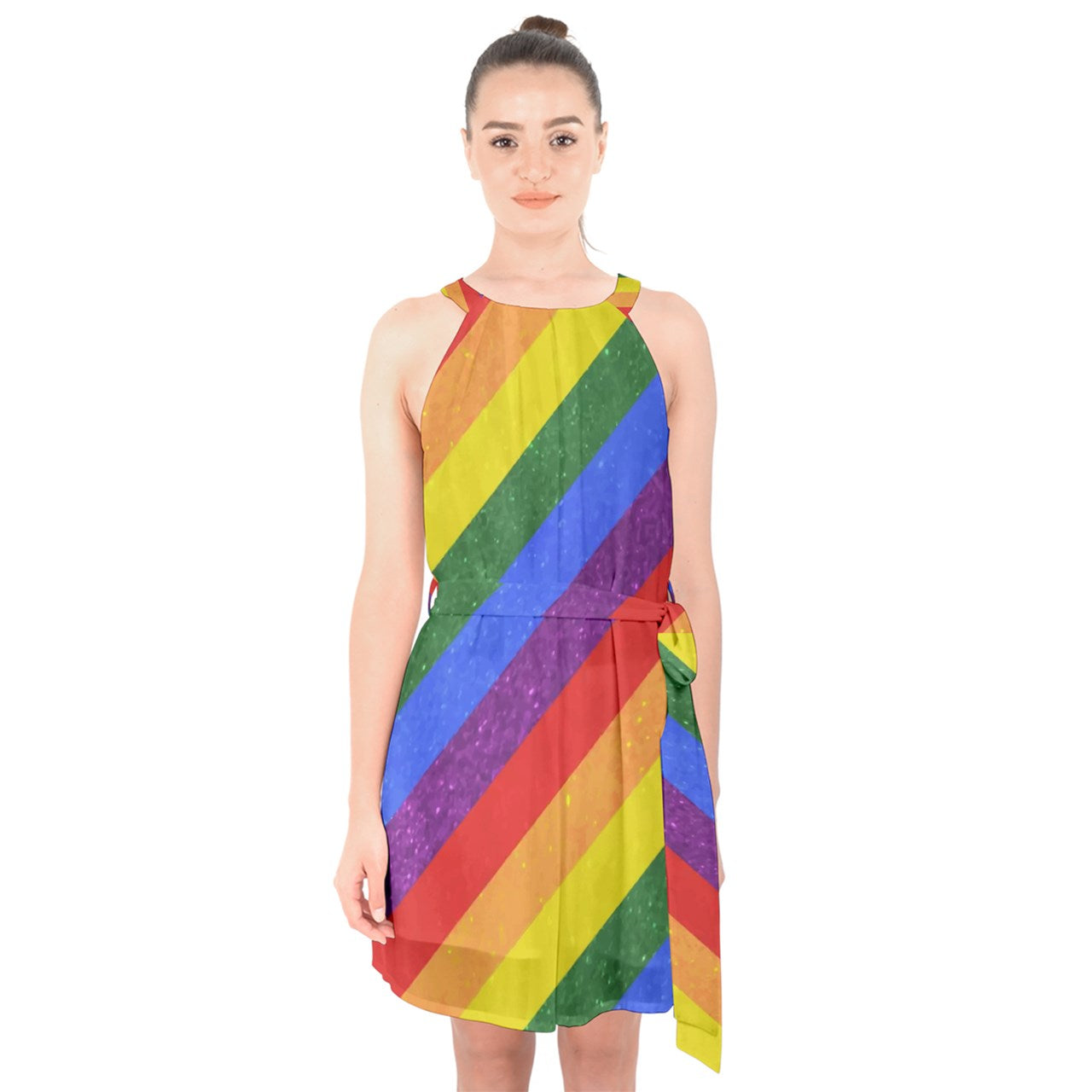 Halter Collar Waist Tie Chiffon Dress - Rainbow Pride - Luxtrini, LLC