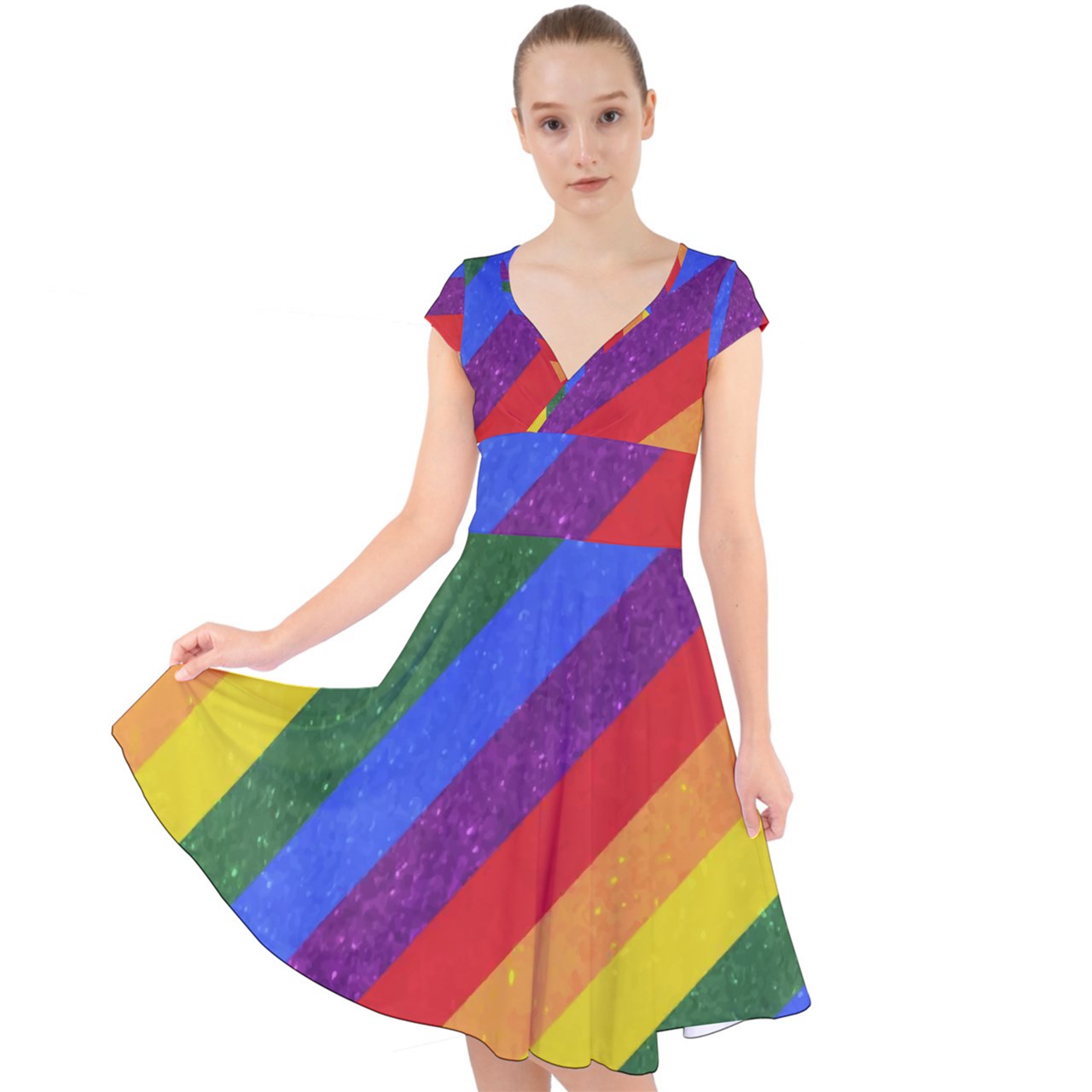 Cap Sleeve Front Wrap Midi Dress - Rainbow Pride - Luxtrini, LLC