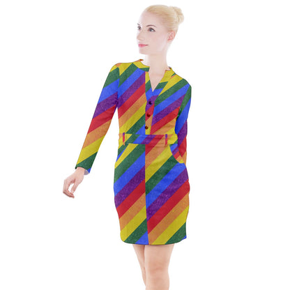 Button Long Sleeve Dress - Rainbow Pride - Luxtrini, LLC