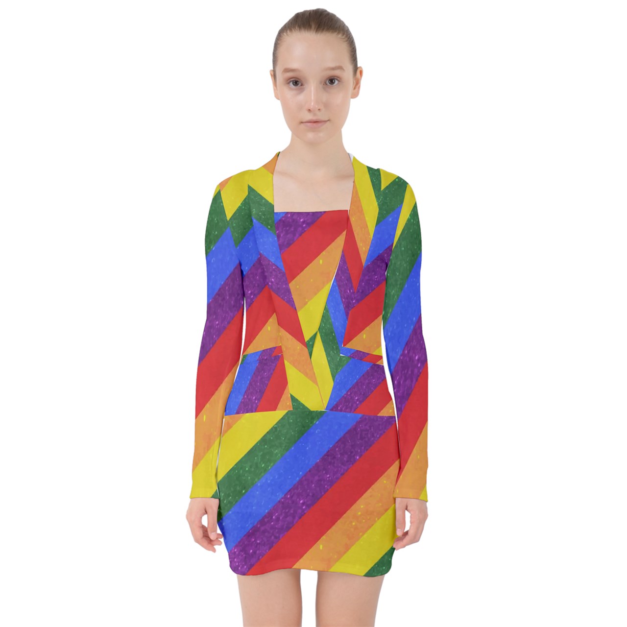 V-neck Bodycon Long Sleeve Dress - Rainbow Pride - Luxtrini, LLC