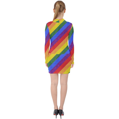 V-neck Bodycon Long Sleeve Dress - Rainbow Pride - Luxtrini, LLC