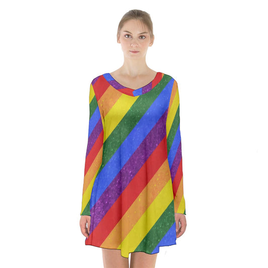 Long Sleeve Velvet V-neck Dress - Rainbow Pride - Luxtrini, LLC