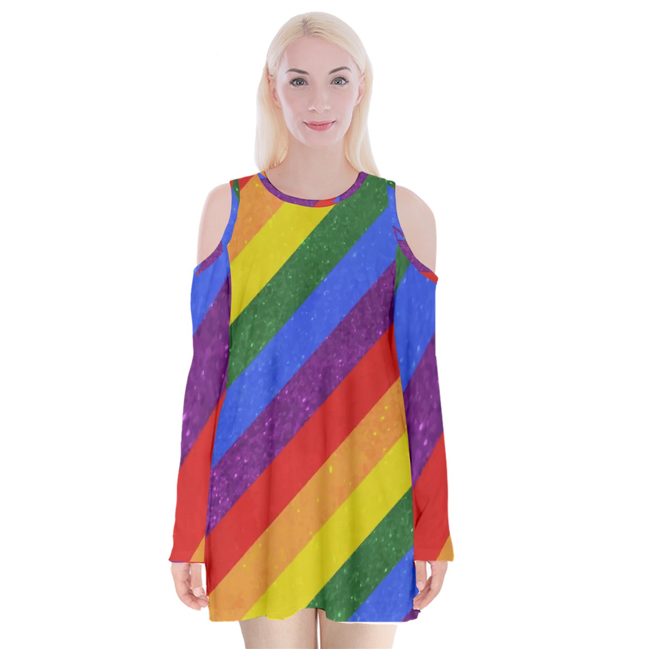 Velvet Long Sleeve Shoulder Cutout Dress - Rainbow Pride - Luxtrini, LLC