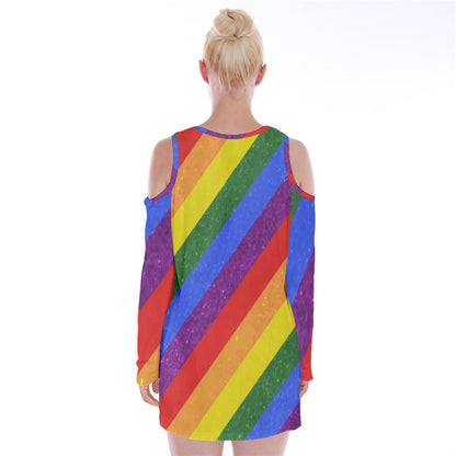 Velvet Long Sleeve Shoulder Cutout Dress - Rainbow Pride - Luxtrini, LLC