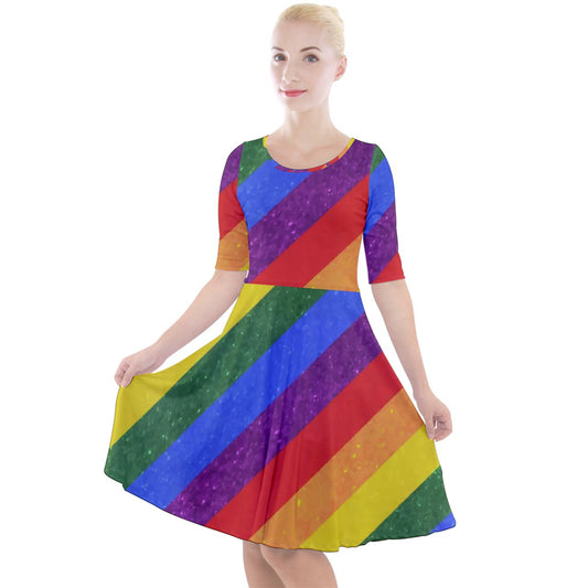 Quarter Sleeve A-Line Dress - Rainbow Pride - Luxtrini, LLC