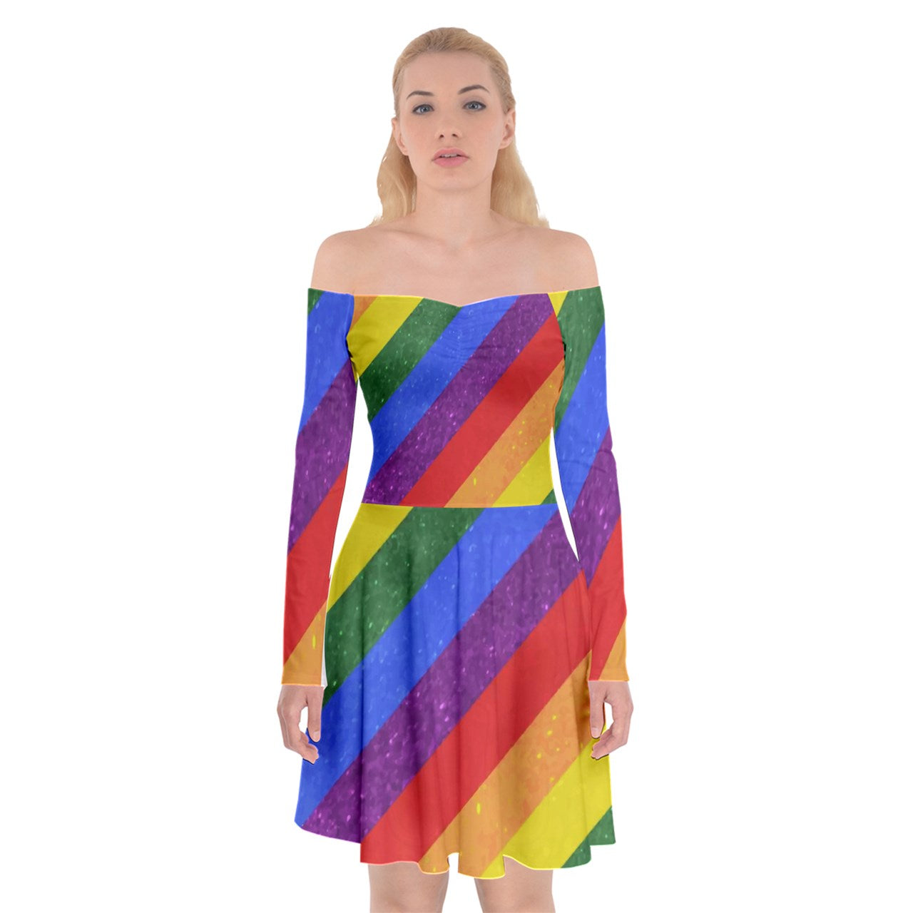 Off Shoulder Skater Dress - Rainbow Pride - Luxtrini, LLC