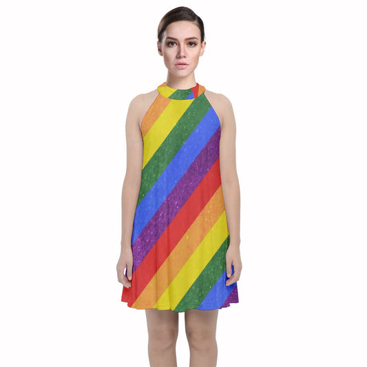 Velvet Halter Neckline Dress - Rainbow Pride - Luxtrini, LLC