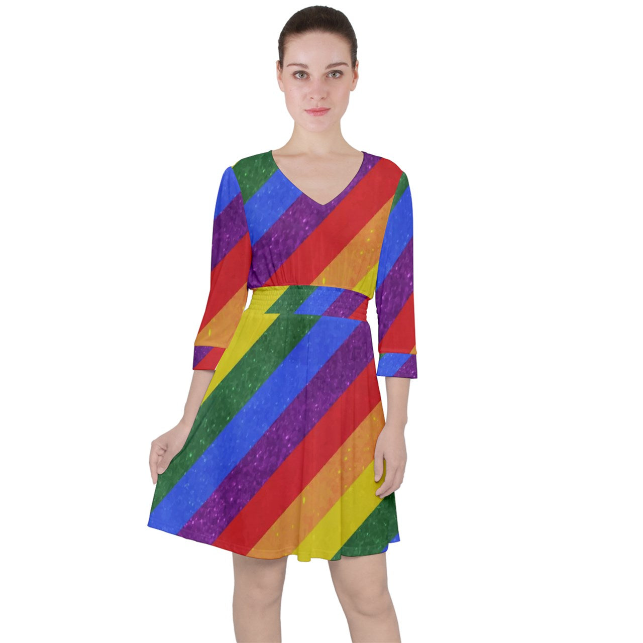 Quarter Sleeve Ruffle Waist Dress - Rainbow Pride - Luxtrini, LLC