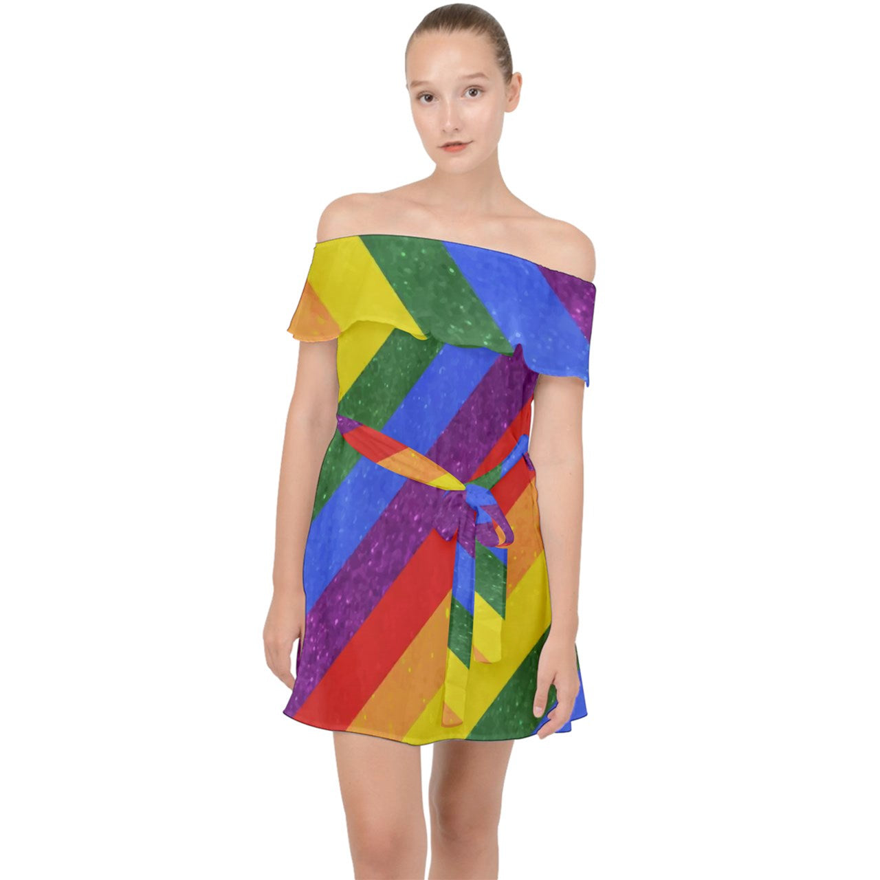 Off Shoulder Chiffon Dress - Rainbow Pride - Luxtrini, LLC