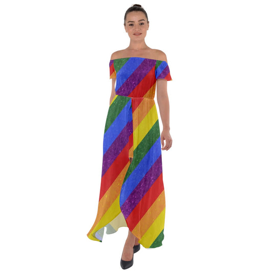 Off Shoulder Open Front Chiffon Dress - Rainbow Pride - Luxtrini, LLC