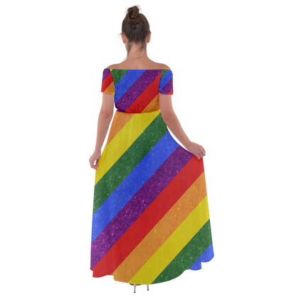 Off Shoulder Open Front Chiffon Dress - Rainbow Pride - Luxtrini, LLC